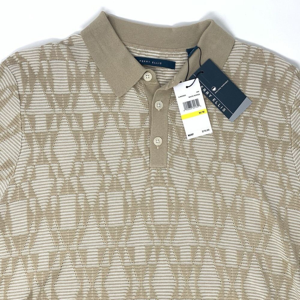 Perry Ellis White Pepper Mens Short Sleeve Collared Pullover Sweater Size Medium